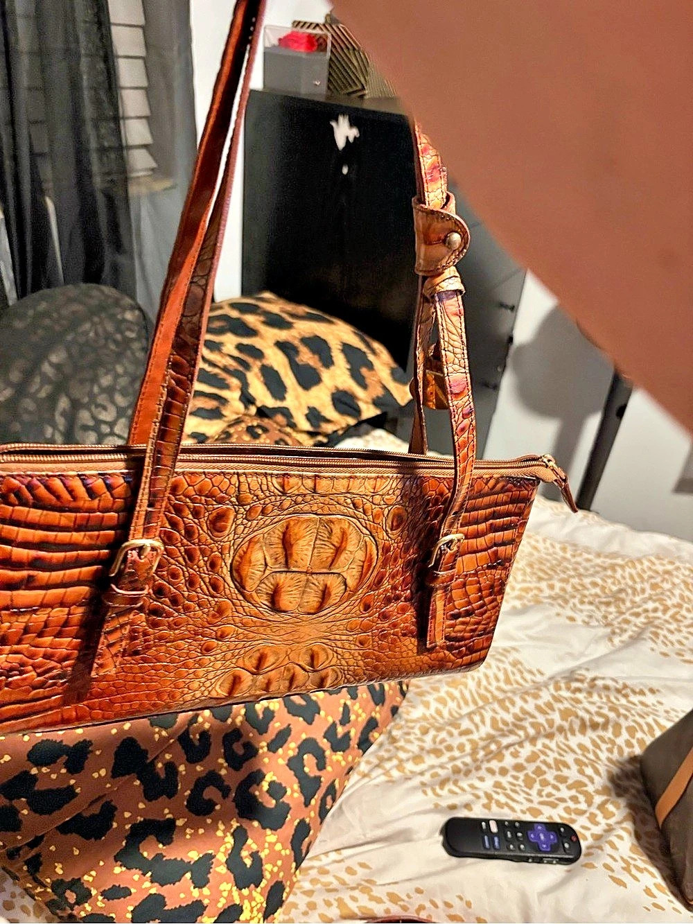 Brahmin Tabitha Shoulder Bag Pecan Brown Croc-Embossed Leather